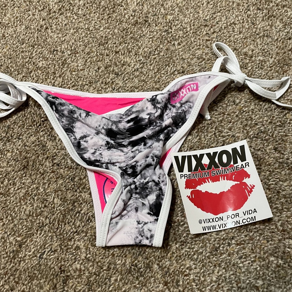 Vixxon Premium Swimwear Ink String Bikini Bottoms Tie Side Marble Print Pink S
